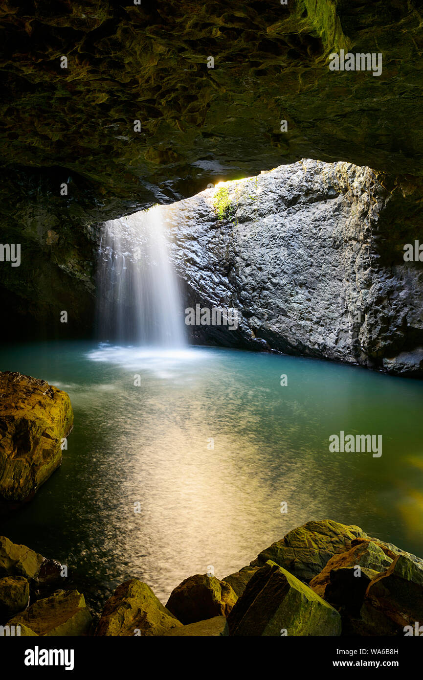 Vertical view of a waterfall flowing into the iconic Natural Bridge cave in Springbrook National Park, Gold Coast Hinterland, Queensland, QLD, Austral Stock Photo