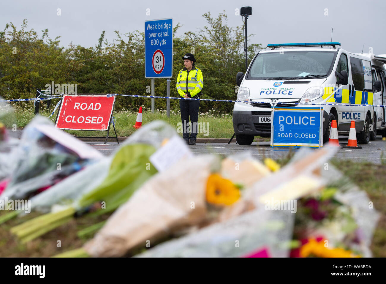 Police at the scene where Thames Valley Police officer Pc Andrew Harper, 28, died following a 'serious incident' at about 11.30pm on Thursday near the A4 Bath Road, between Reading and Newbury, at the village of Sulhamstead in Berkshire. Stock Photo