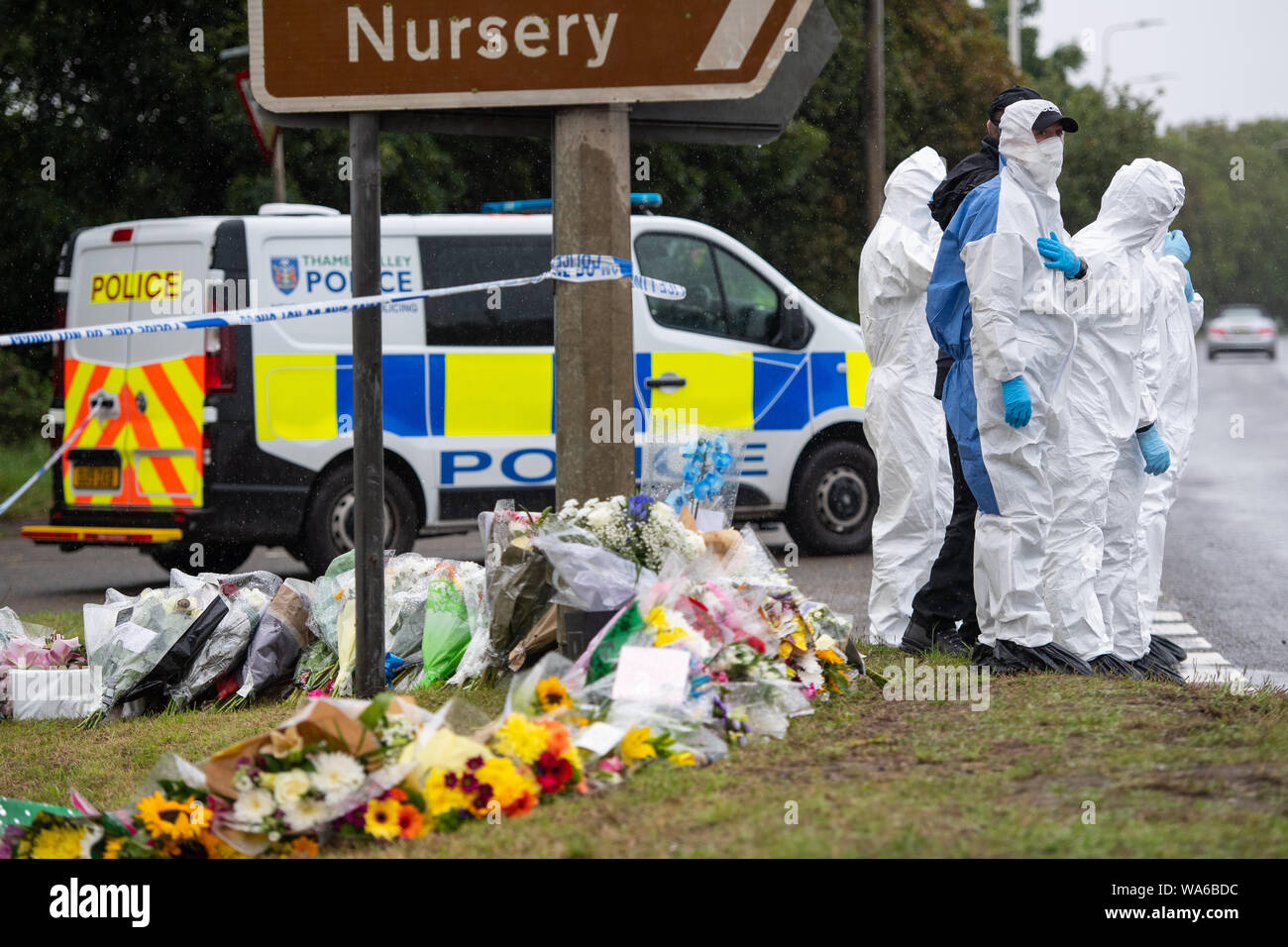Police officers at the scene in Ufton Lane, Sulhamstead, Berkshire, where Thames Valley Police officer Pc Andrew Harper, 28, died following a 'serious incident' at about 11.30pm on Thursday near the A4 Bath Road, between Reading and Newbury, at the village of Sulhamstead in Berkshire. Stock Photo