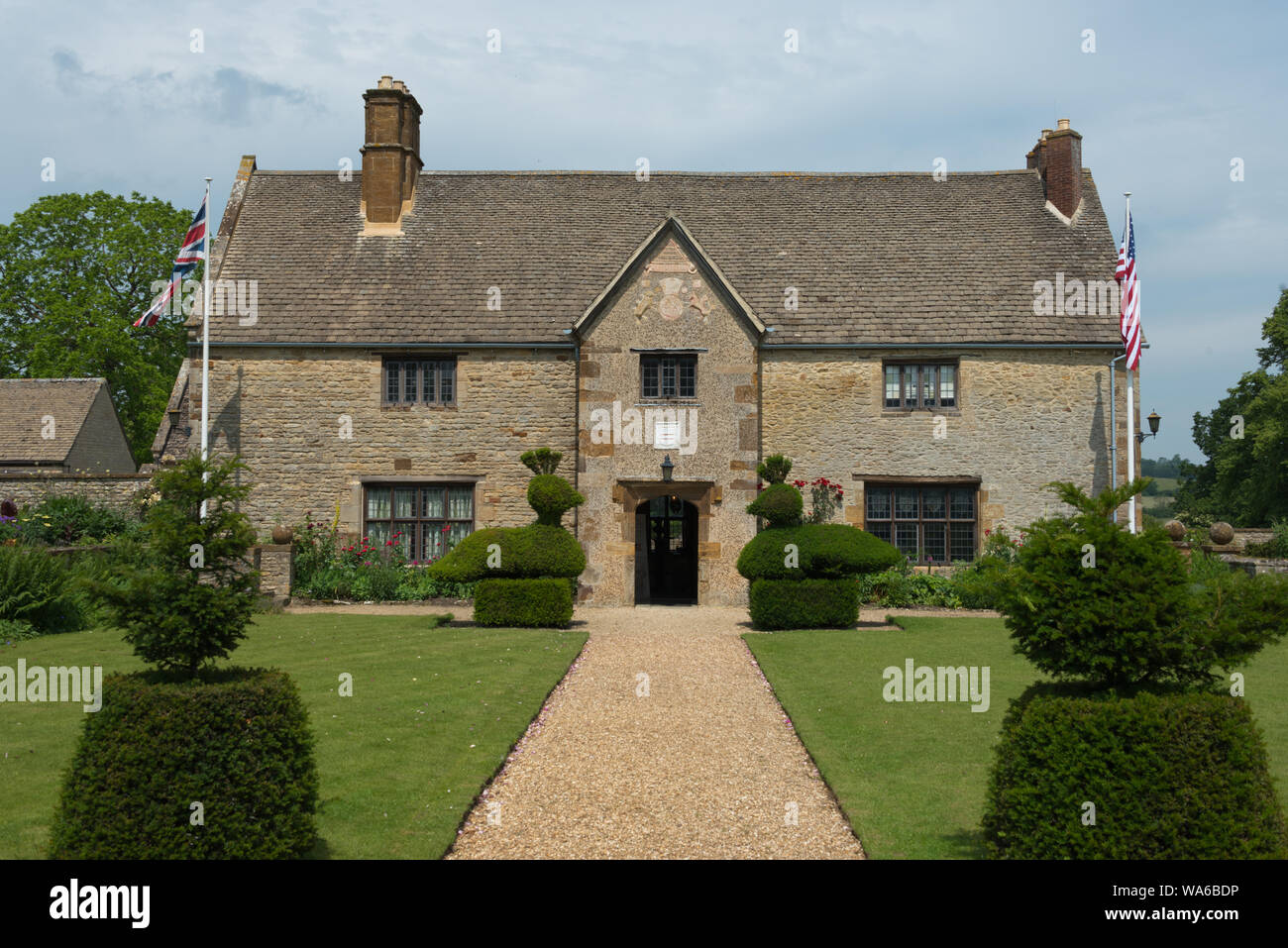 Sulgrave Manor (rear view), near Banbury, Northamptonshire, UK - Home of the ancesters of George Washington - first US President Stock Photo