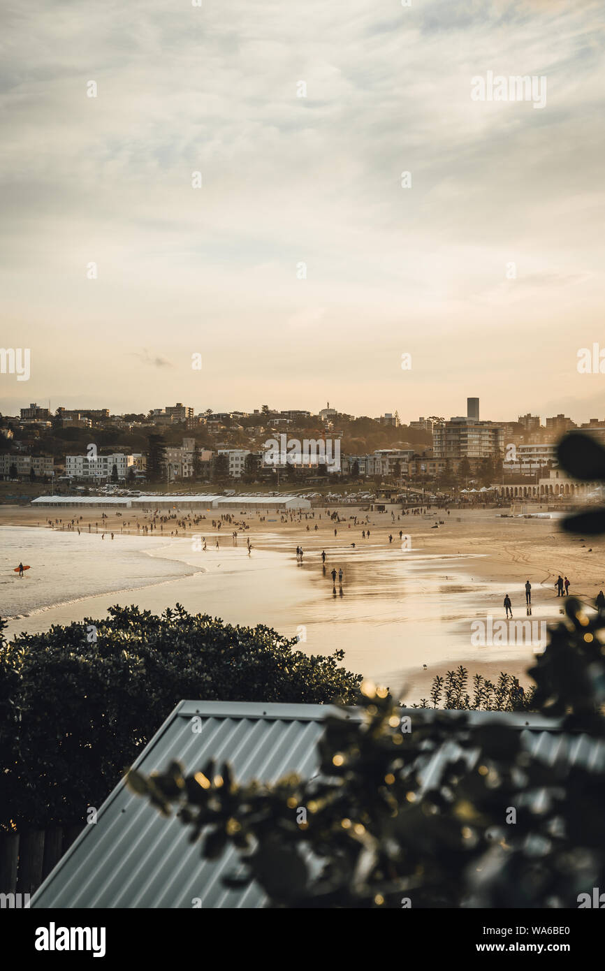 Sunset over Bondi Beach on a winter Sunday afternoon. Shot from North Bondi Park. Stock Photo