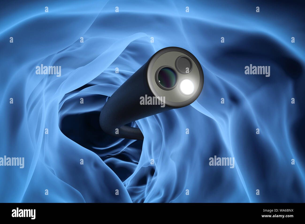 Colonoscopy technology concept with 3d rendering x-ray endoscope inside of intestine Stock Photo
