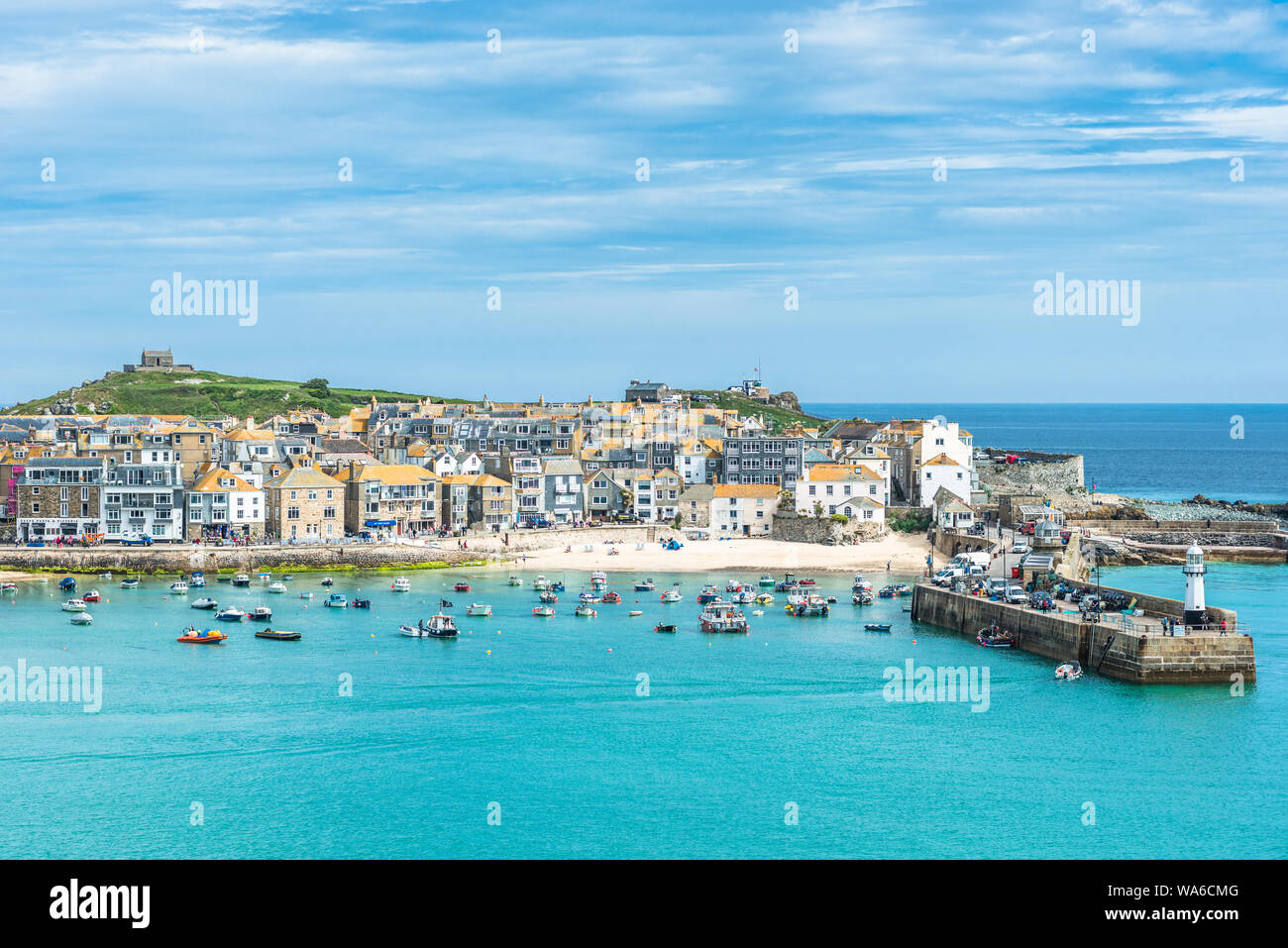 Elevated views of the popular seaside resort of St. Ives, Cornwall, England, United Kingdom, Europe Stock Photo