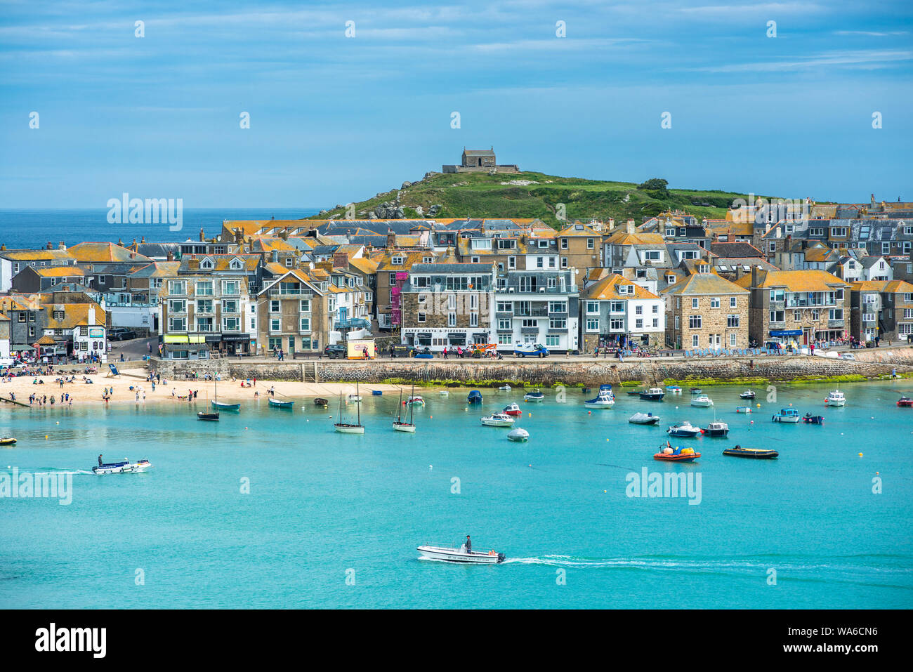 Elevated views of the popular seaside resort of St. Ives, Cornwall