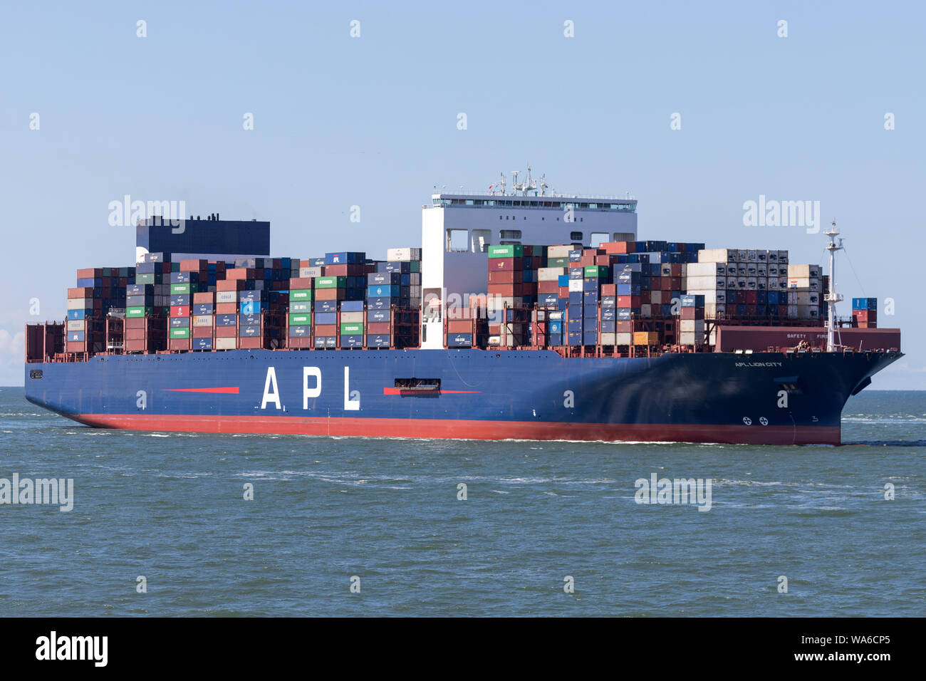 APL LION CITY inbound Rotterdam. APL,along with its parent company CMA CGM,is the world's third-largest container transportation and shipping company. Stock Photo