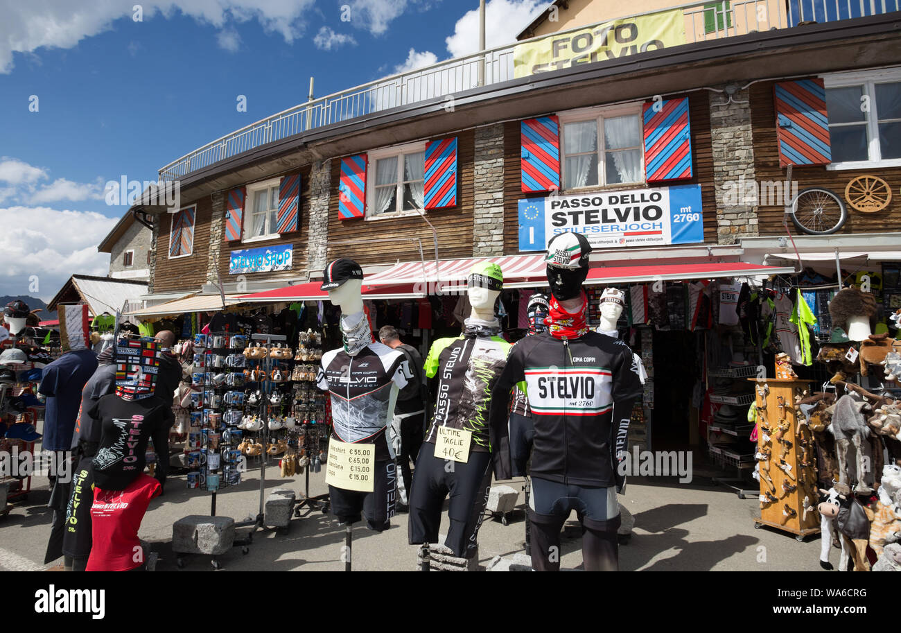 STELVIO PASS, ITALY, JUNE 20, 2019 - Shops at Stelvio pass in Italy,  the highest automobile pass in Italy located between Trentino-Alto Adige and Lom Stock Photo