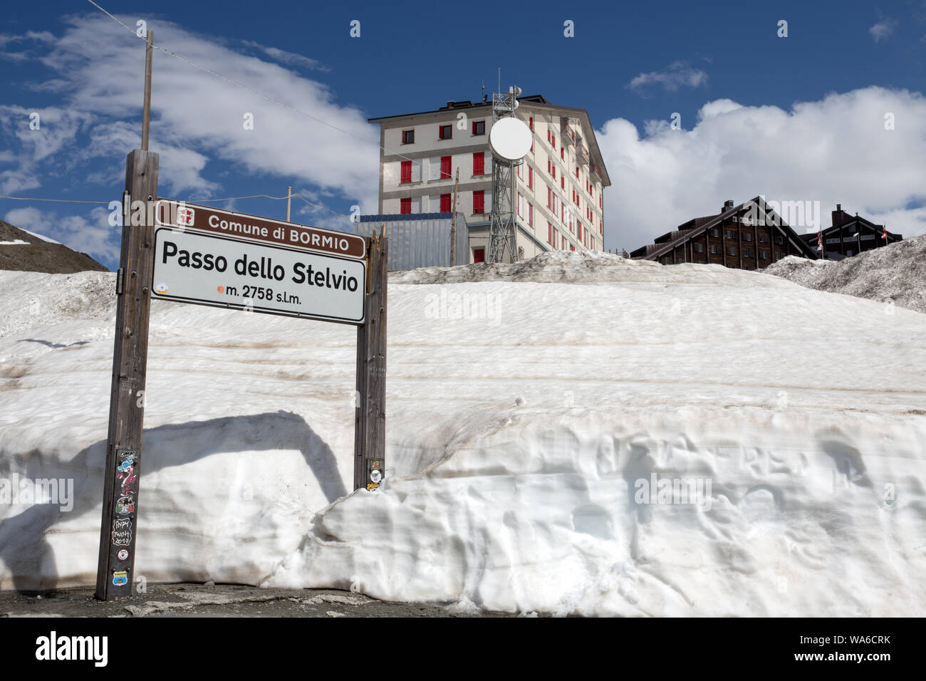 STELVIO PASS, ITALY, JUNE 20, 2019 - It is the highest automobile pass in Italy, 2758 metres and the second highest in Europe, located between Trentin Stock Photo