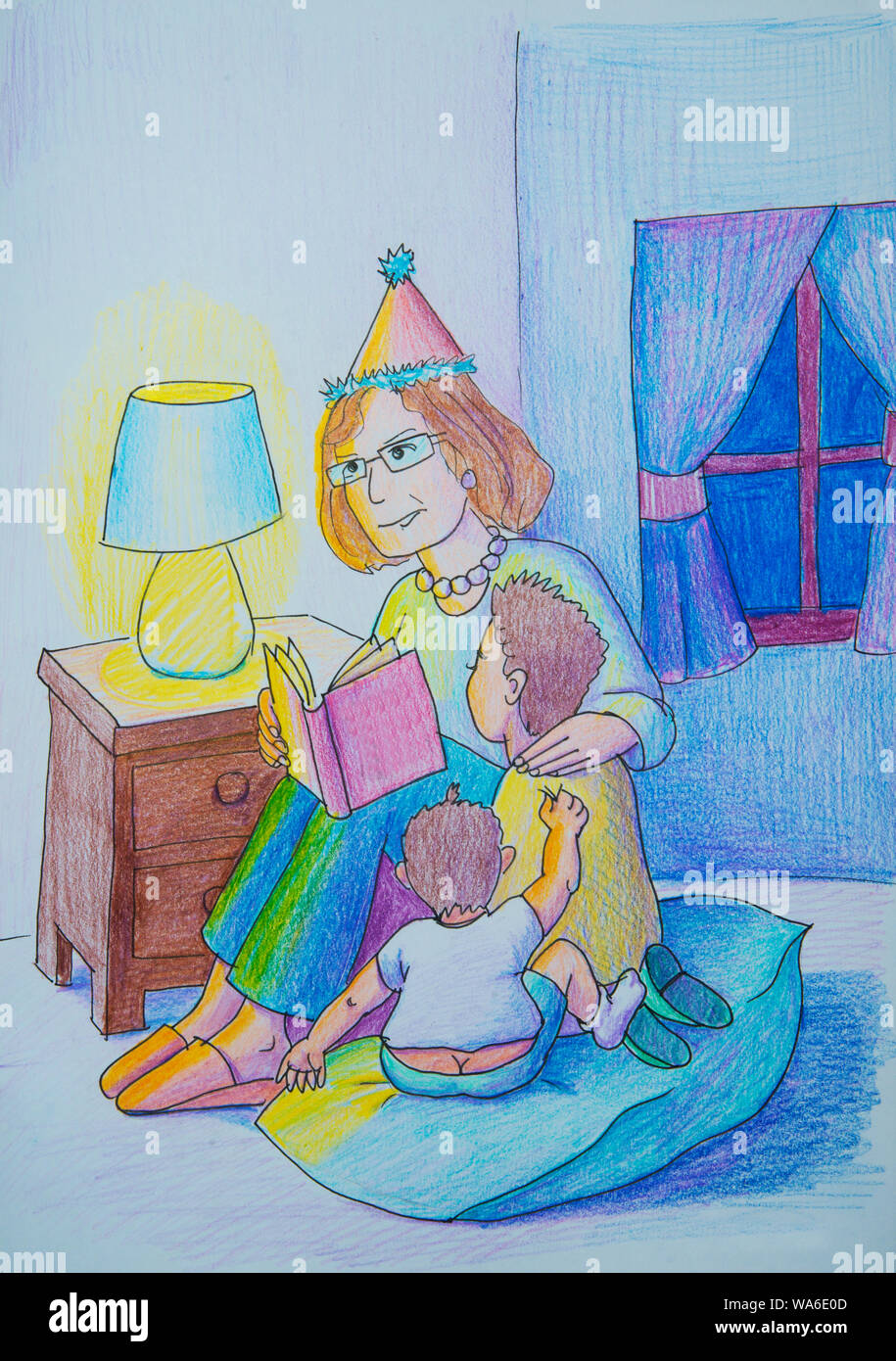Woman reading her grandsons a book. Illustration. Stock Photo