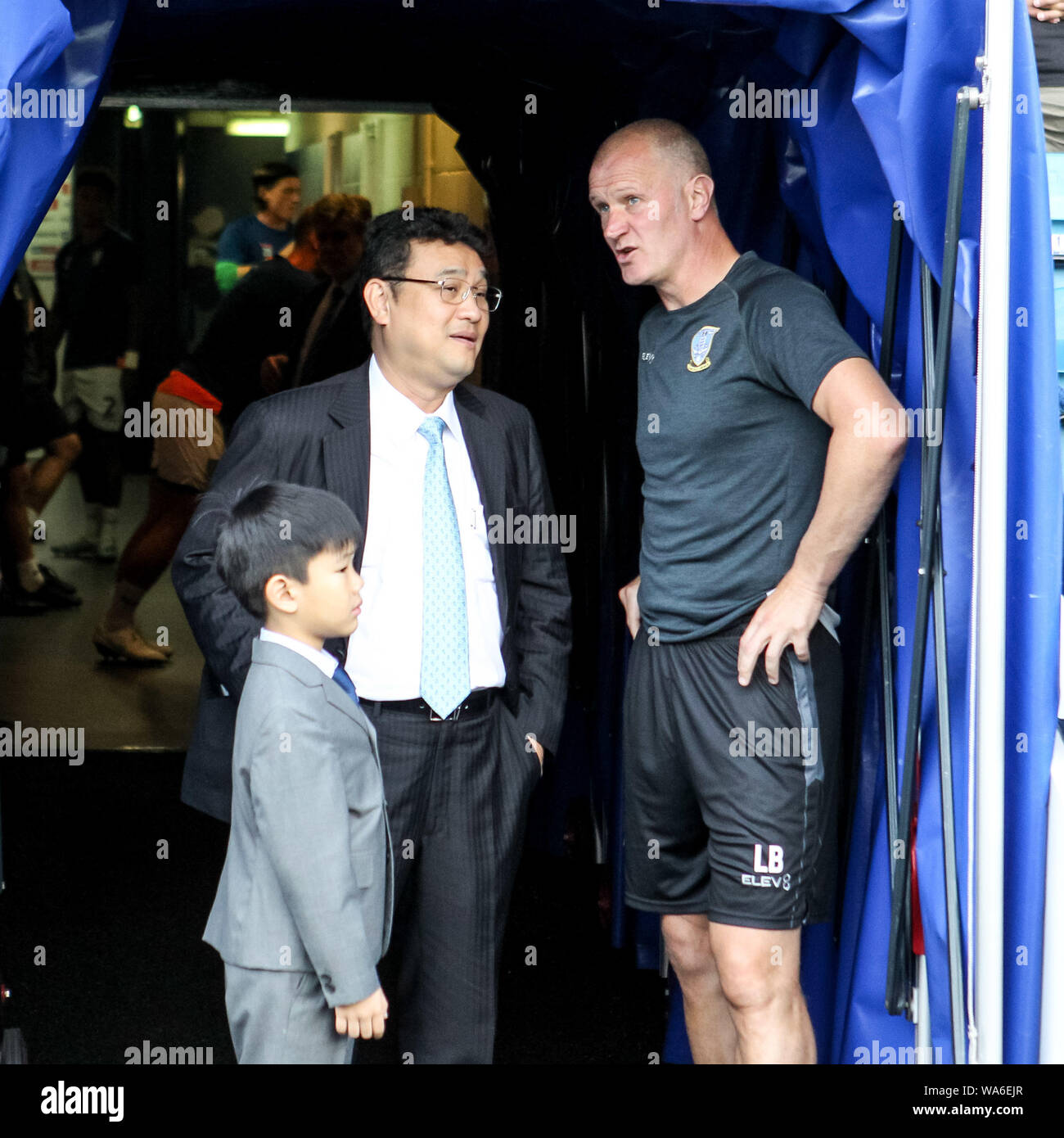 Sheffield Wednesday Owner, Dejphon Chansiri in the tunnel with Sheffield Wednesday Manager Lee Bullen during the EFL Sky Bet Championship match between Millwall and Sheffield Wednesday at The Den, London, England on 17 August 2019. Photo by Ken Sparks.  Editorial use only, license required for commercial use. No use in betting, games or a single club/league/player publications. Stock Photo