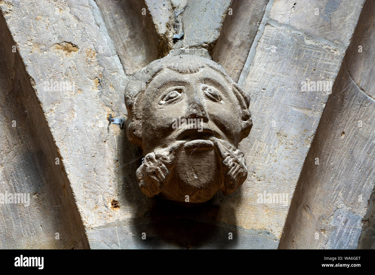 A 'green man' carved corbel head in All Saints Church, Middleton Cheney, Northamptonshire, England, UK Stock Photo