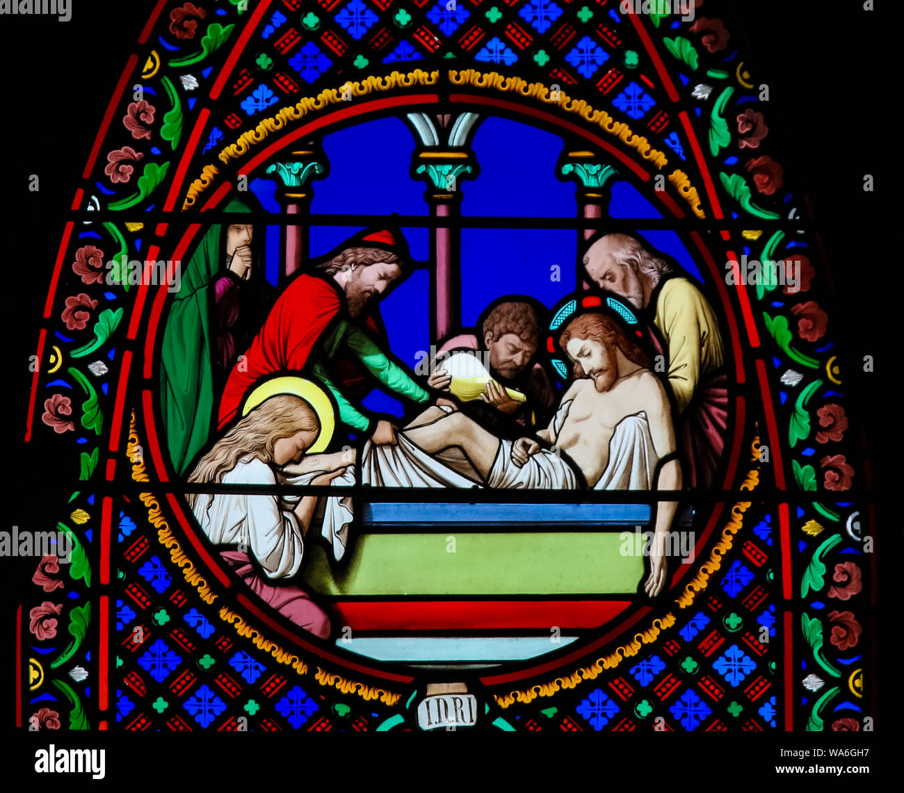 Stained Glass in the Chapel of Notre-Dame-des-flots (1857) in Sainte Adresse, Le Havre, France, depicting the Burial of Jesus Christ on Good Friday Stock Photo