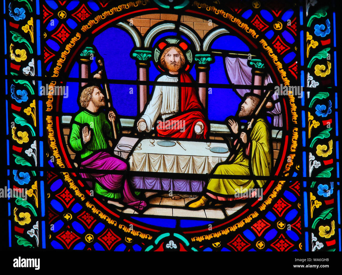 Stained Glass in the Chapel of Notre-Dame-des-flots (1857) in Sainte Adresse, Le Havre, France, depicting The Supper at Emmaus Stock Photo