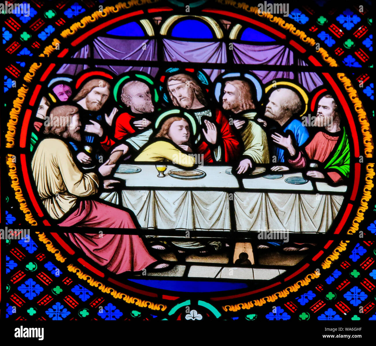 Stained Glass in the Chapel of Notre-Dame-des-flots (1857) in Sainte Adresse, Le Havre, France, depicting the Last Supper at Maundy Thursday Stock Photo