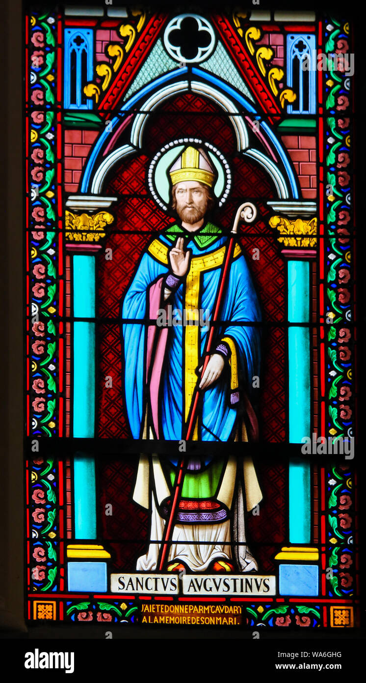 Stained Glass in the Chapel of Notre-Dame-des-flots (1857) in Sainte Adresse, Le Havre, France, depicting Saint Augustine Stock Photo