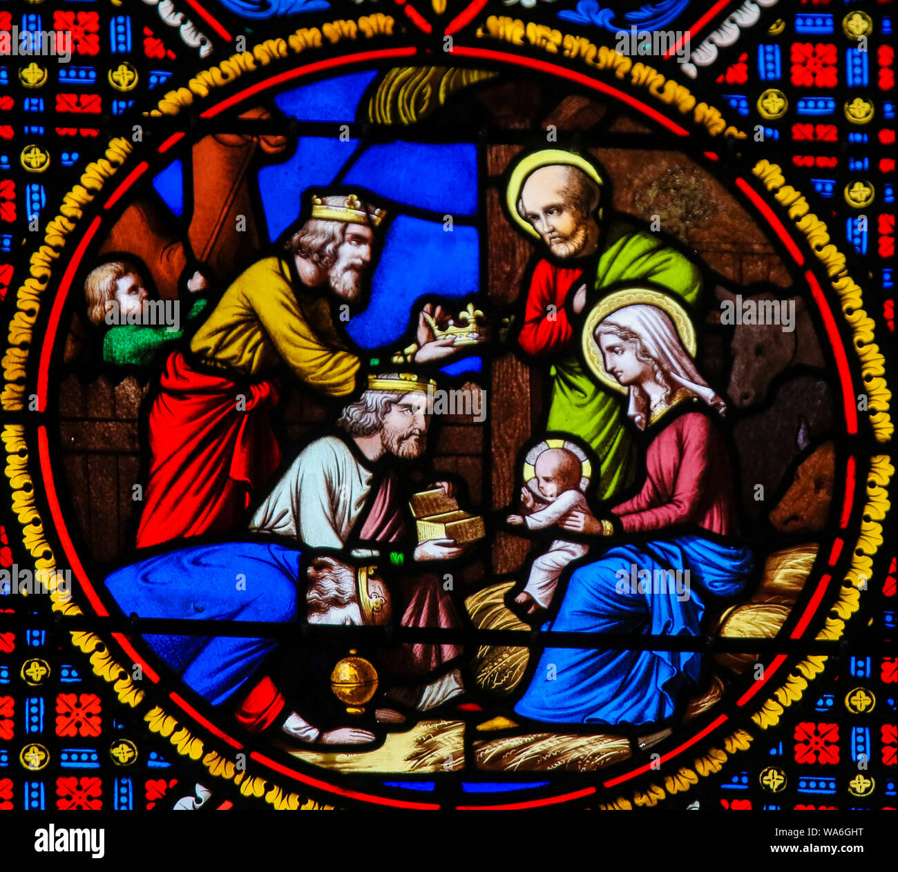 Stained Glass in the Chapel of Notre-Dame-des-flots (1857) in Sainte Adresse, Le Havre, France, depicting the Epiphany or Visit of the Three Kings in Stock Photo