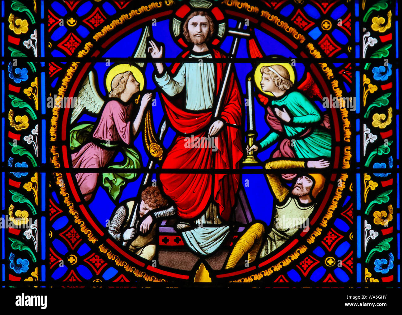 Stained Glass in the Chapel of Notre-Dame-des-flots (1857) in Sainte Adresse, Le Havre, France, depicting the Resurrection of Jesus Stock Photo