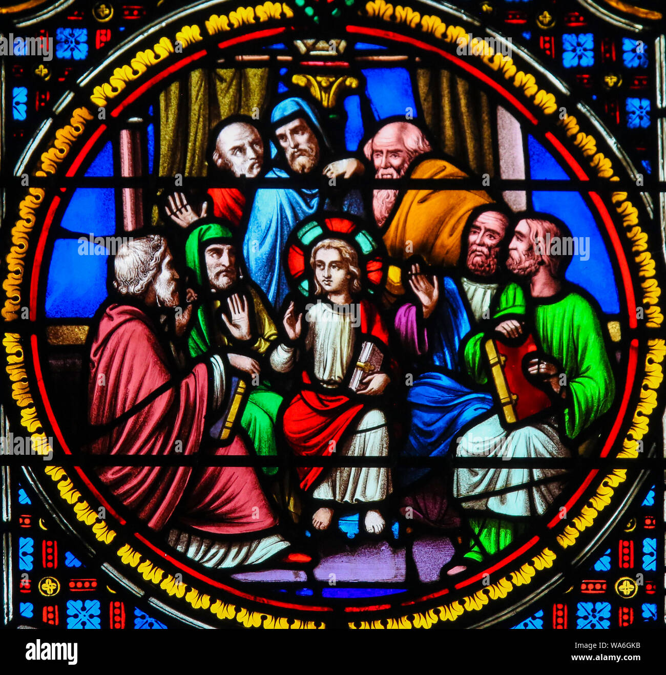 Stained Glass in the Chapel of Notre-Dame-des-flots (1857) in Sainte Adresse, Le Havre, France, depicting Christ in the Temple of Jerusalem among the Stock Photo