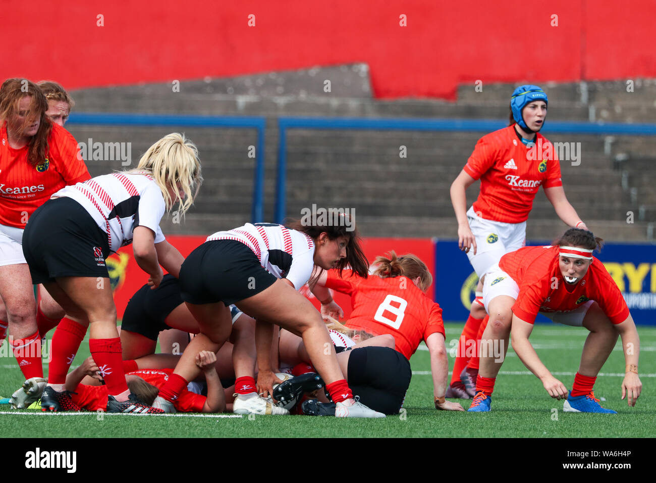 August 17th, 2019, Cork, Ireland - Action from the Munster Women Rugby (38) vs Ulster Women Rugby (12) match at the Irish Independent Park. Stock Photo