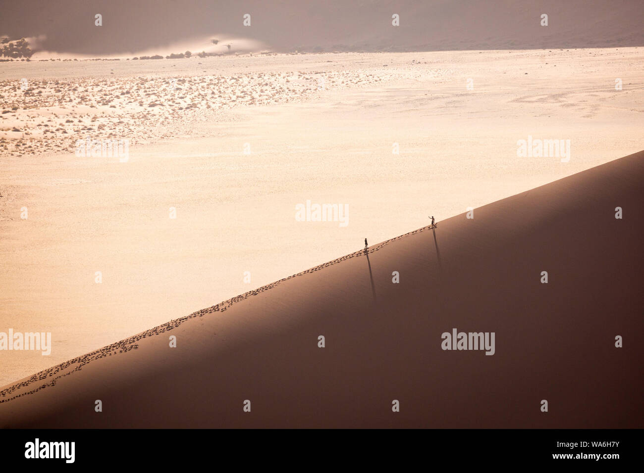 Zwei Menschen wandern auf einer Sanddüne in der Namibwüste, Namibia, Afrika Stock Photo