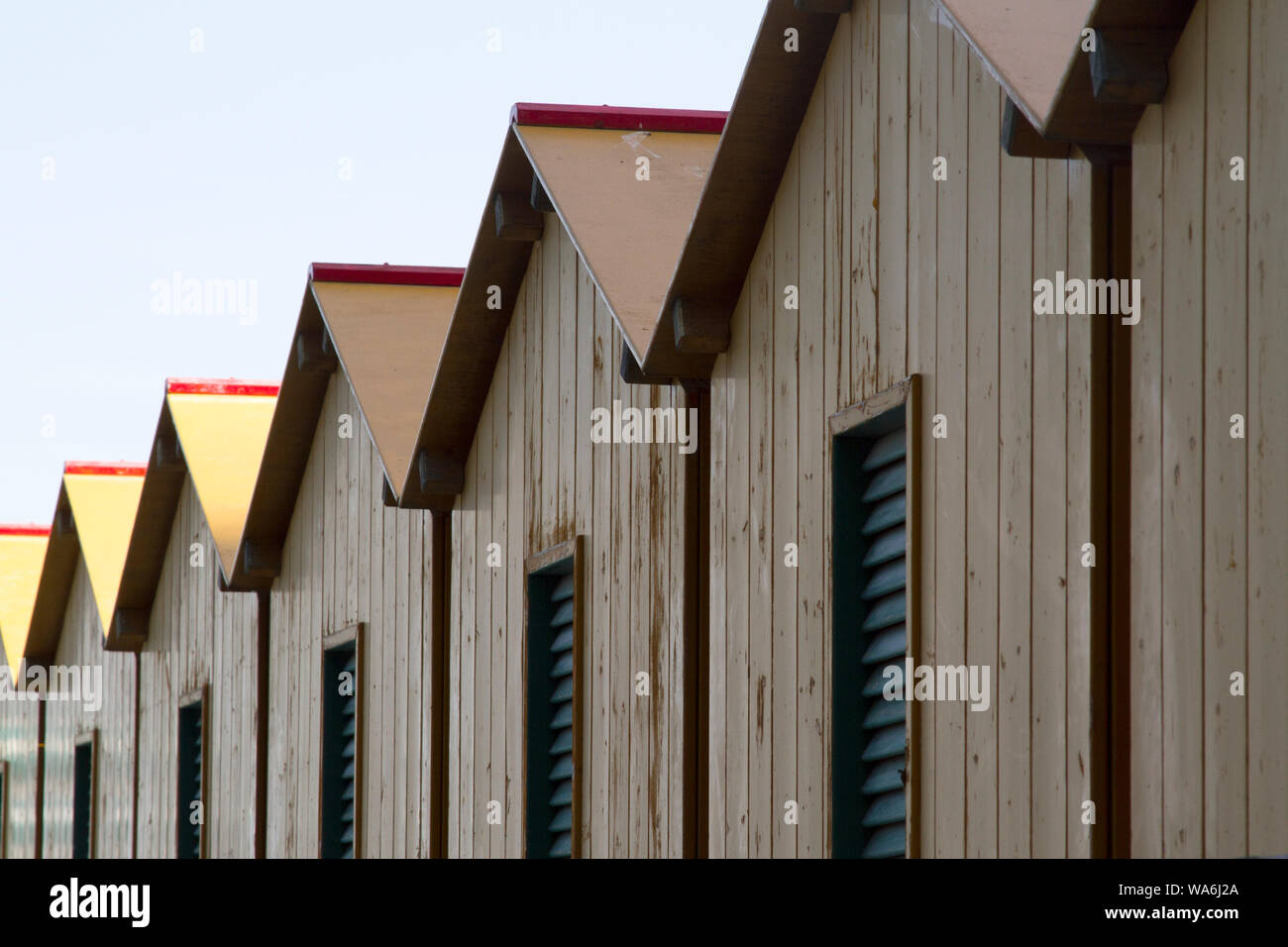 Close up view of a collection of beach huts in Sorrento, Italy Stock Photo