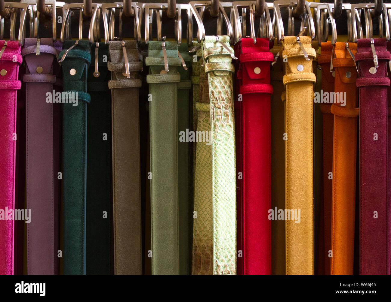 Colourful leather belts for sale, Sorrento, Italy Stock Photo