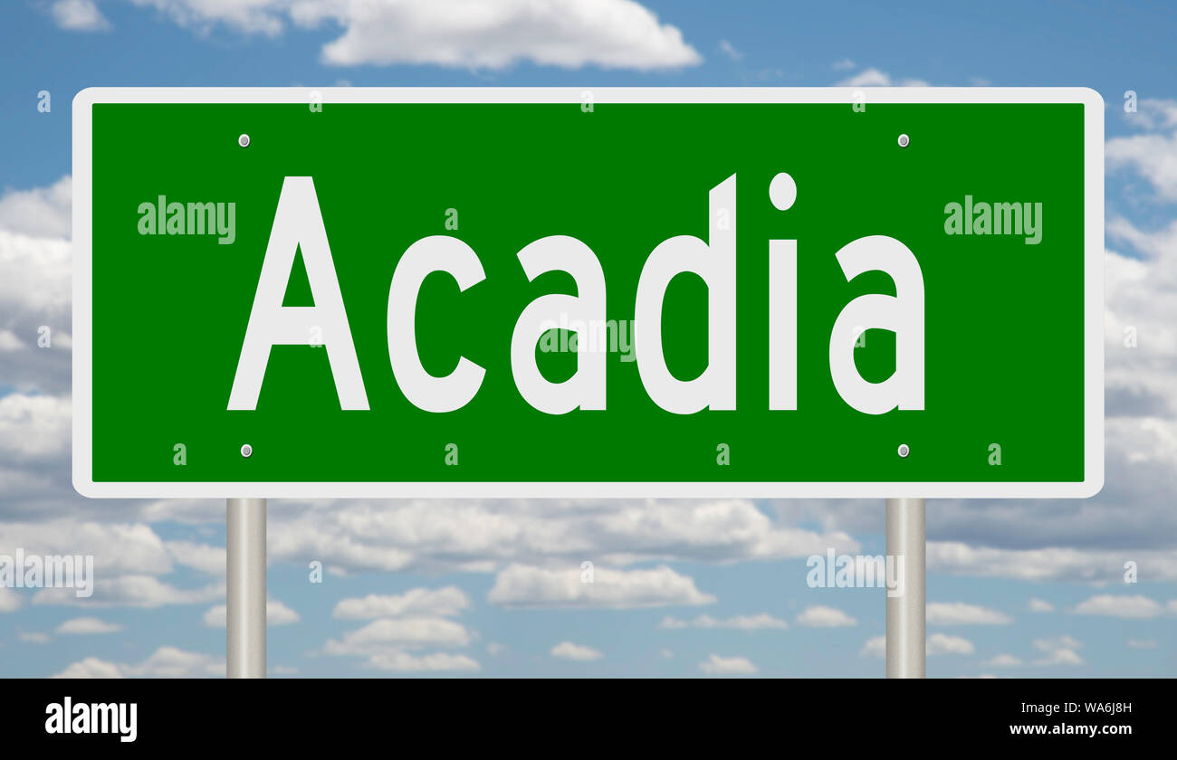 Rendering of a green highway sign for Acadia Maine Stock Photo - Alamy