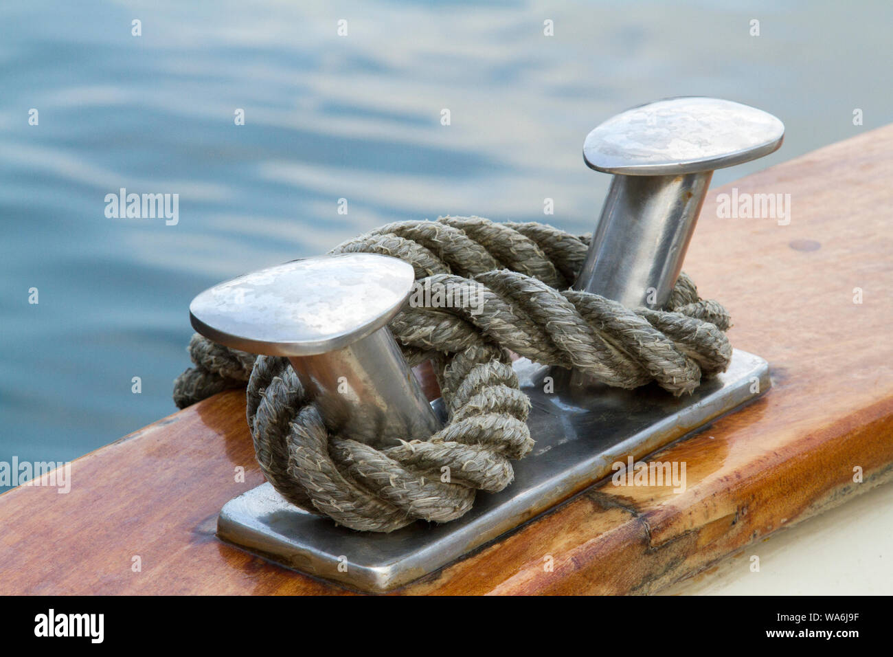A mooring cleat on a boat, with copy space Stock Photo