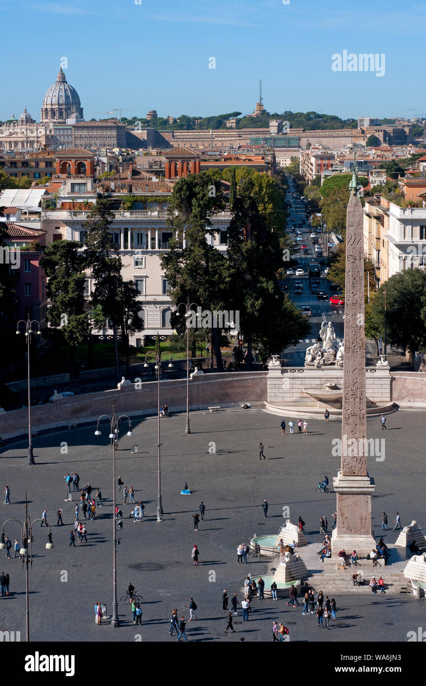 Piazza del Popolo with Egyptian obelisk and Saint Peter's Church in the background, view from the Pincio hill, Rome, Italy Stock Photo