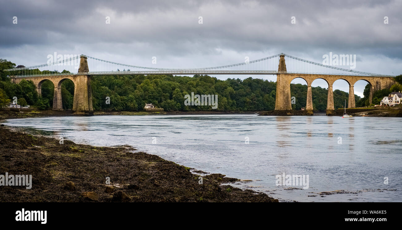 Menai Suspension Bridge, Bangor to Anglesey, viewed from the east. Stock Photo