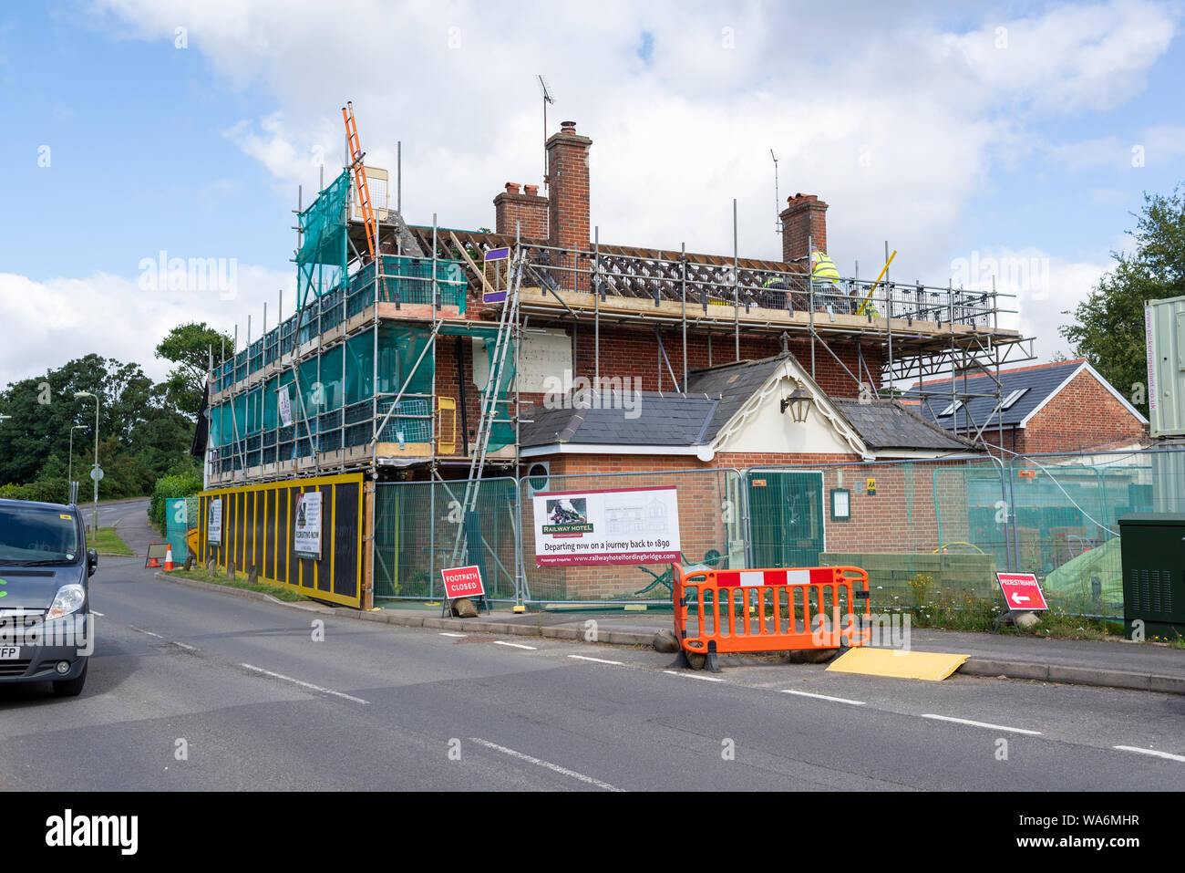 Refurbishment and partial rebuild of The Augustus John public house, Station Road, Fordingbridge, Hampshire before a relaunch as The Railway Hotel. Stock Photo
