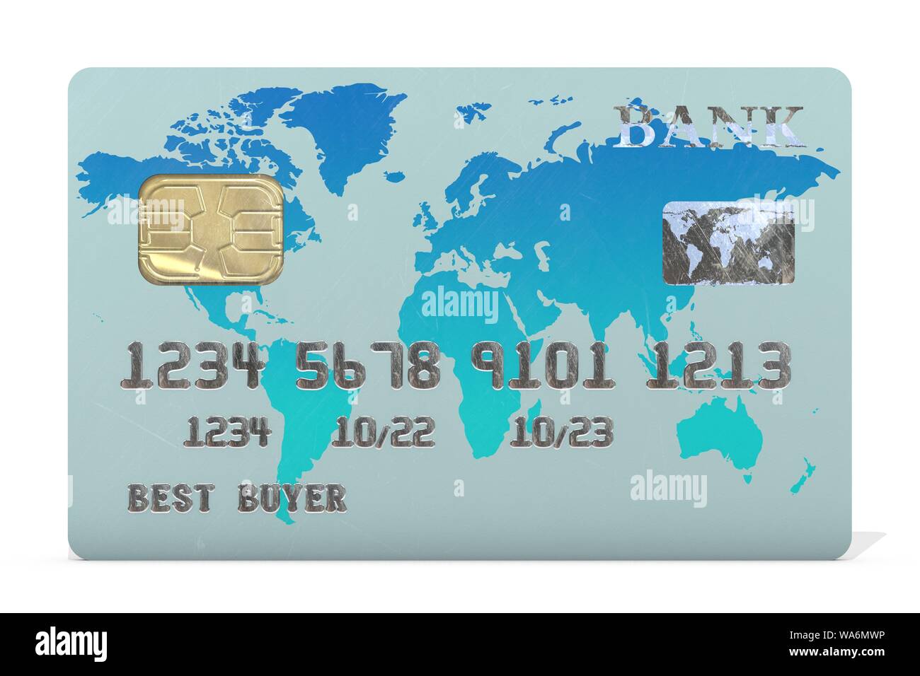 3d illustration: credit card with an electronic chip without indicating the brand and the names of the banks with world map blue-azure color. Stock Photo