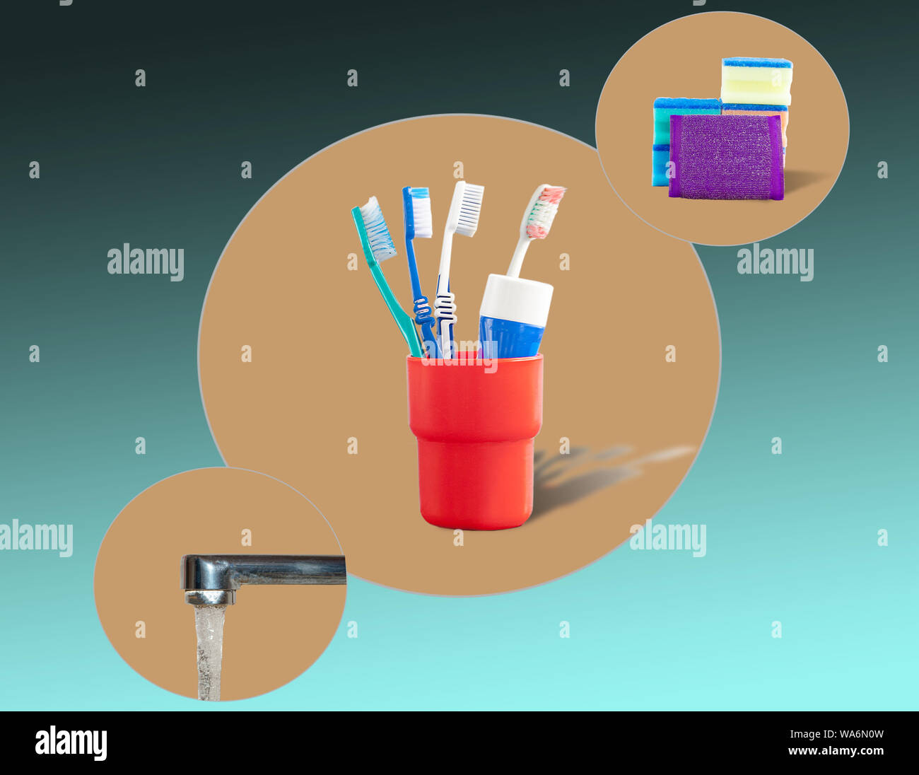 toothbrushes toothpaste and washcloths water runs from an open tap Stock Photo Alamy