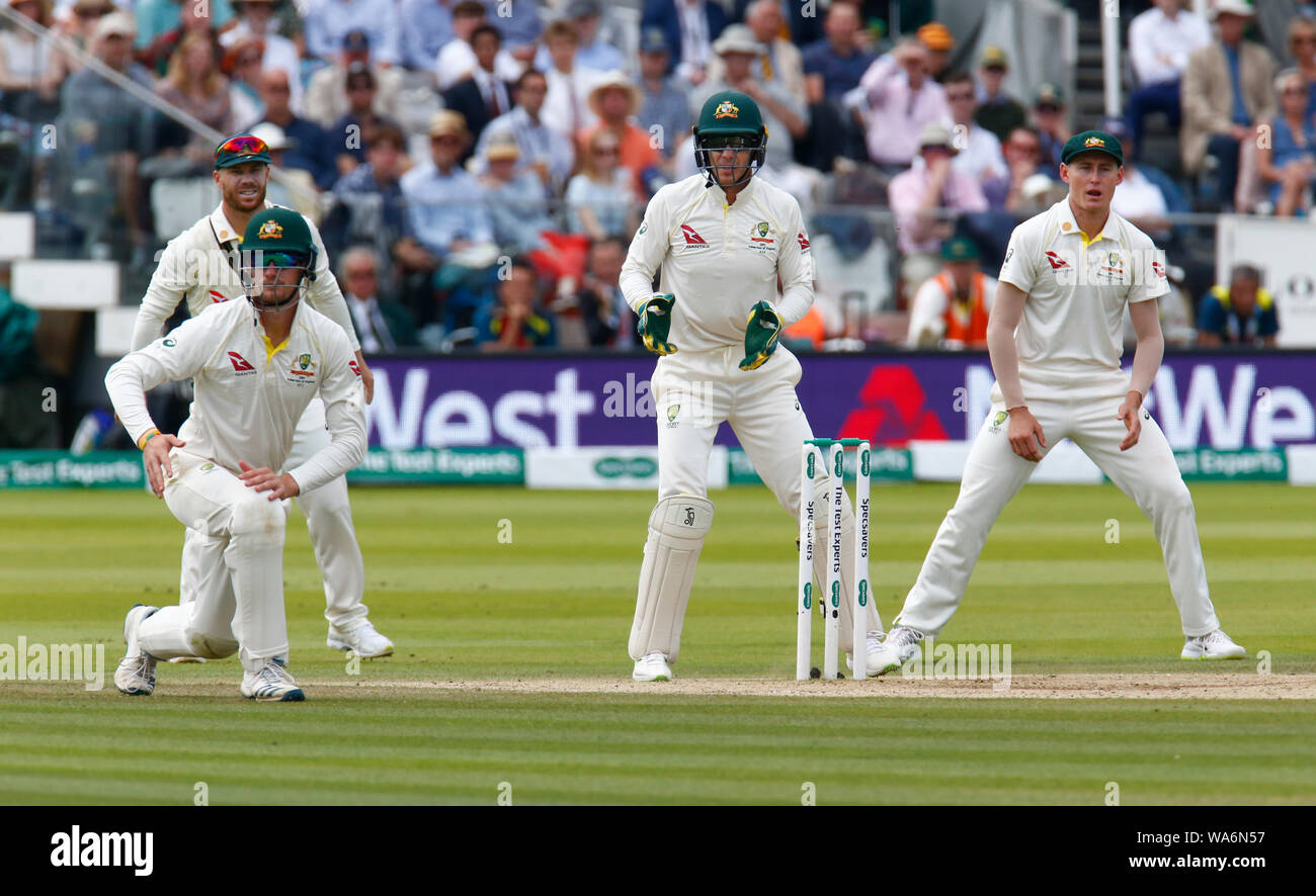 London, UK. 18 August 2019.  L-R Cameron Bancroft of Australia Tim Paine of Australia and Marnus Labuschagne during play on the 5th day of the second Ashes cricket Test match between England and Australia at Lord's Cricket ground in London, England on August 18, 2019  Credit: Action Foto Sport/Alamy Live News Stock Photo