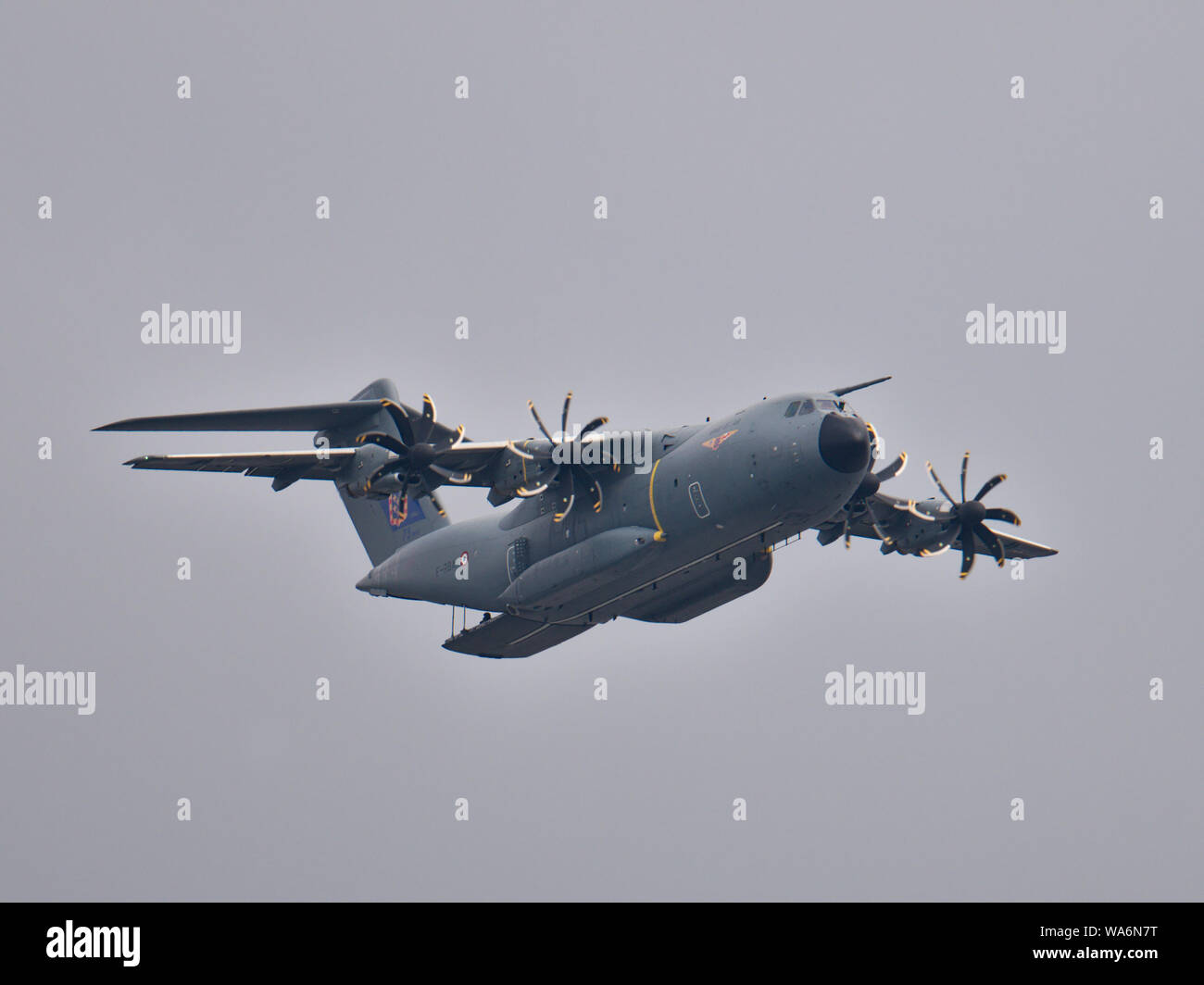 French Air Force Airbus A400M F-RBAA flying cargo door open over Paris, on 14th July celebrating the 75 years of the 1/61 Touraine Transport Squadron Stock Photo