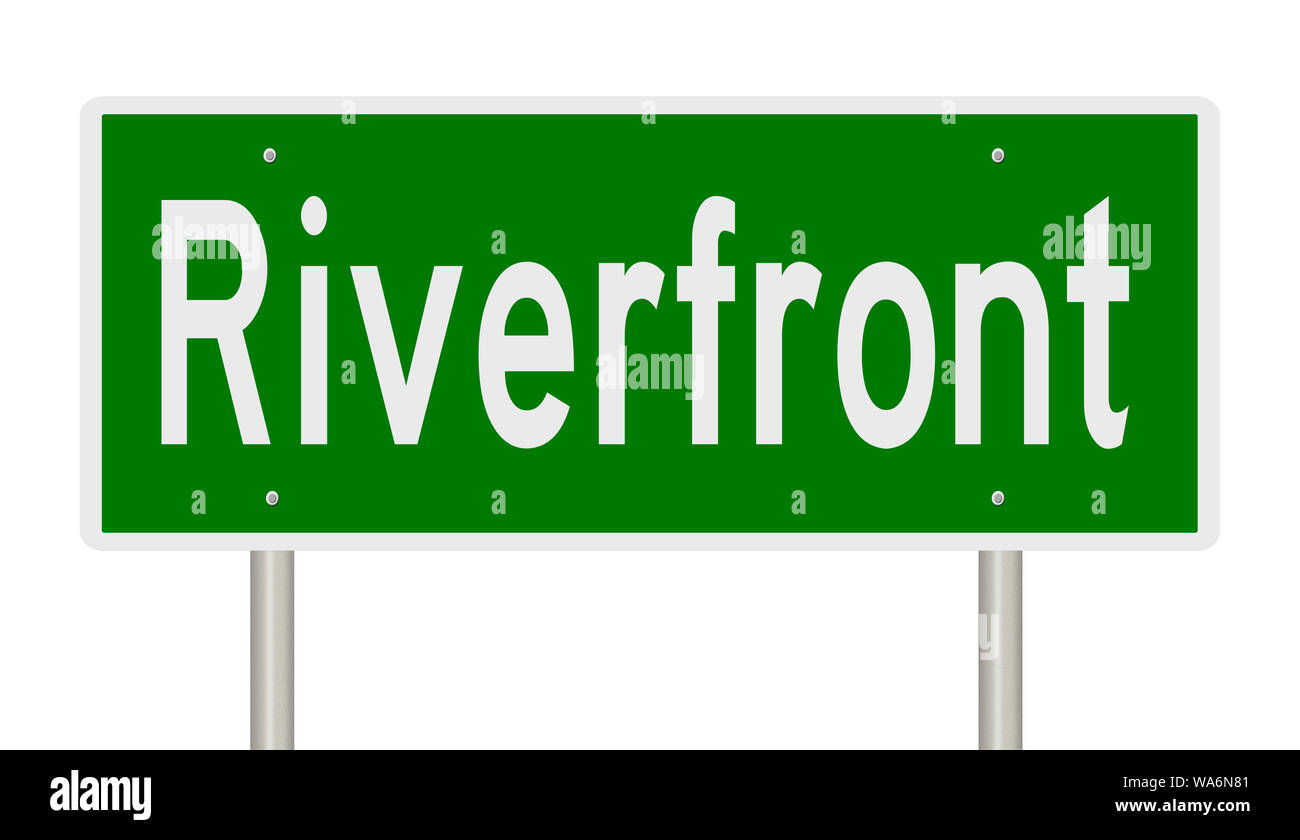 Rendering of a green highway sign for Riverfront Stock Photo