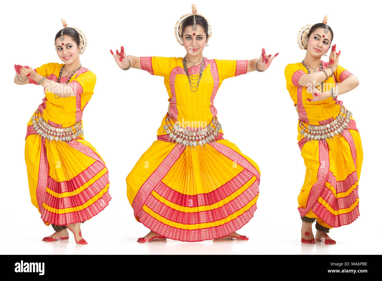 Multiple images of a young woman performing Odissi dance Stock Photo