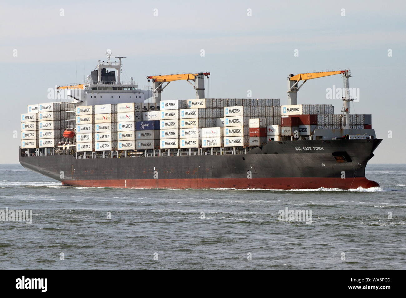 The container ship BSL Cape Town reaches the port of Rotterdam on May 22, 2019. Stock Photo