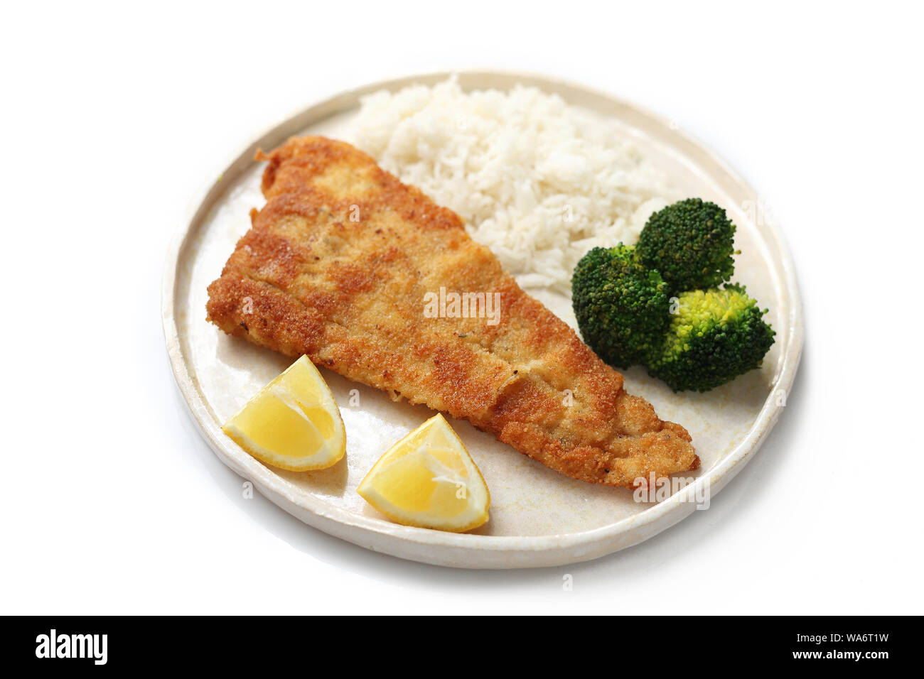 Cod Lemon Broccoli Rice Cod fried in breadcrumbs with rice, broccoli and fresh lemon served on ...