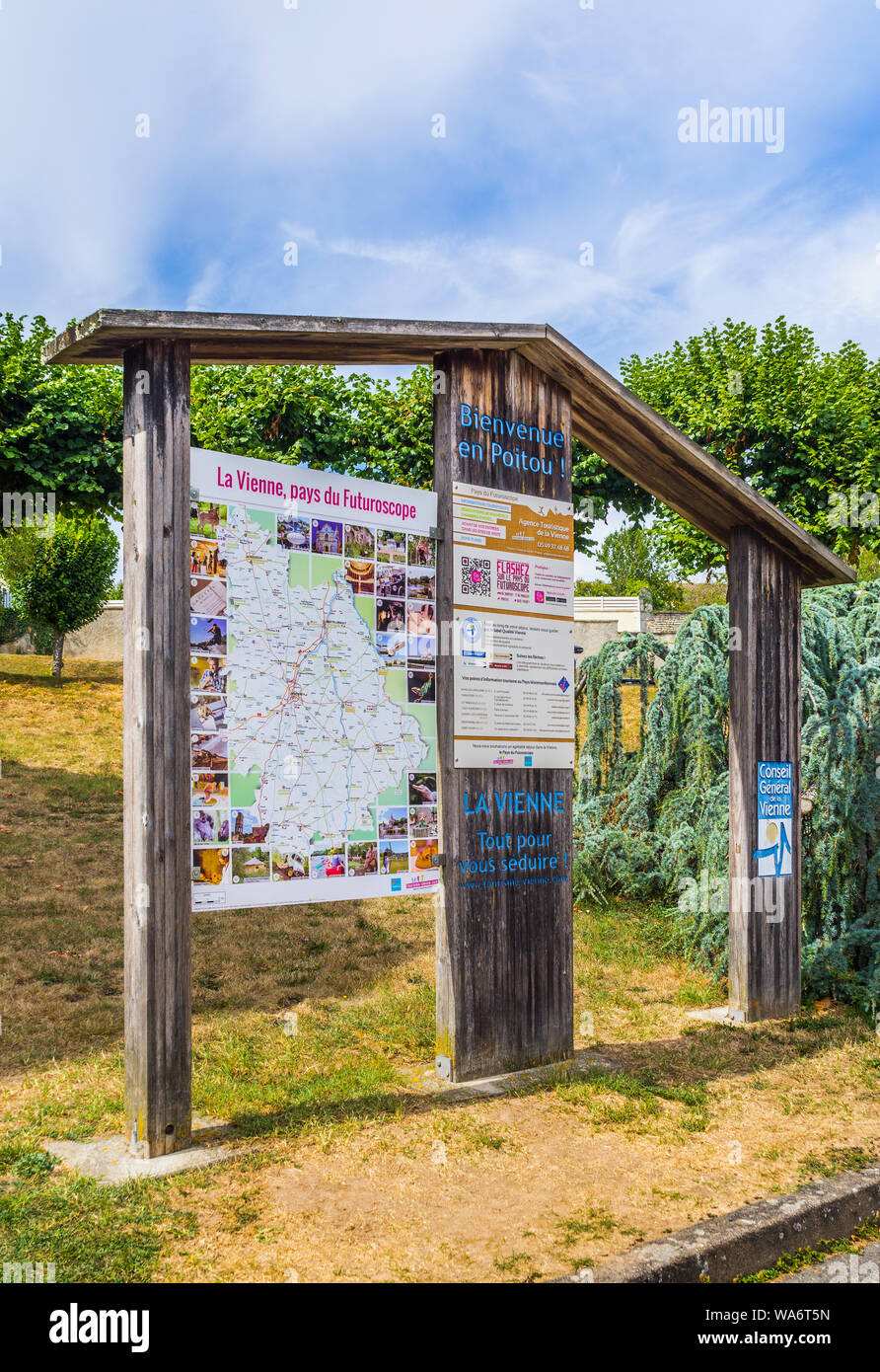 Public information board on businesses and activities in 'book city' Montmorillon, France. Stock Photo