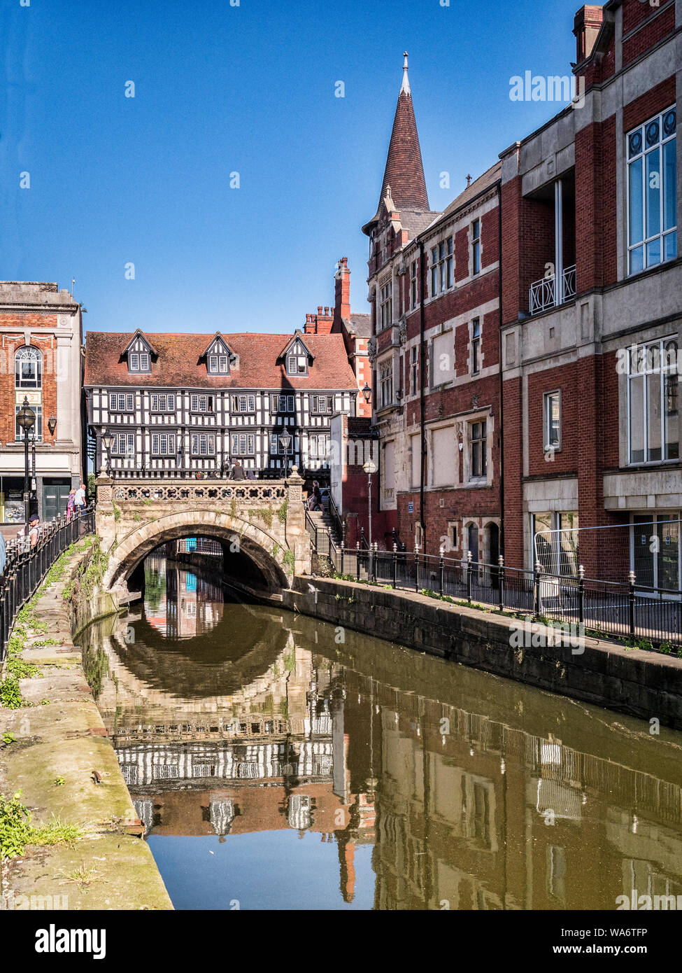 2 July 2019: Lincoln, UK - The River Witham in central Lincoln, looking towards High Bridge. Stock Photo