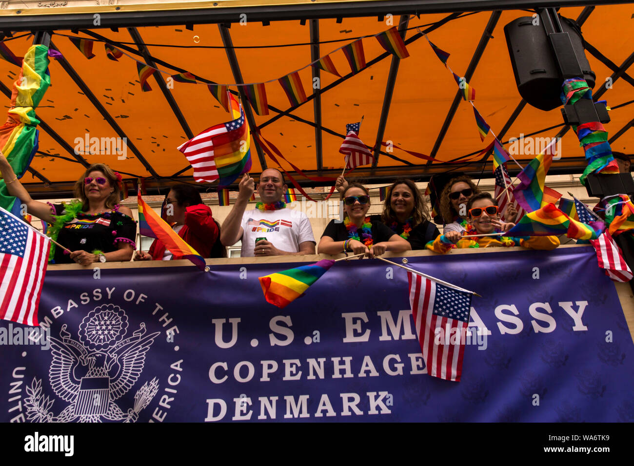 Employees at the US Embassy to Copenhagen participate at the Copenhagen Pride Parade 2019 on August 17, 2019 in Copenhagen, Denmark. The Danish Parade keep on growing: This year the Parade consisted of some 160 groups, counting 35 - 40.000 participants and along the 3.3 Km long route from the Frederiksberg City Hall to Copenhagen City Hall  some 250.000 – 300.000 spectators were lined up. The Parade together with the Pride Week has taken place since 1996. Coca Cola is the main Sponsor of this year Pride Week, which the organizer name “A Festival for Diversity”. (Byline: Photo by OJPHOTOS/Alamy Stock Photo