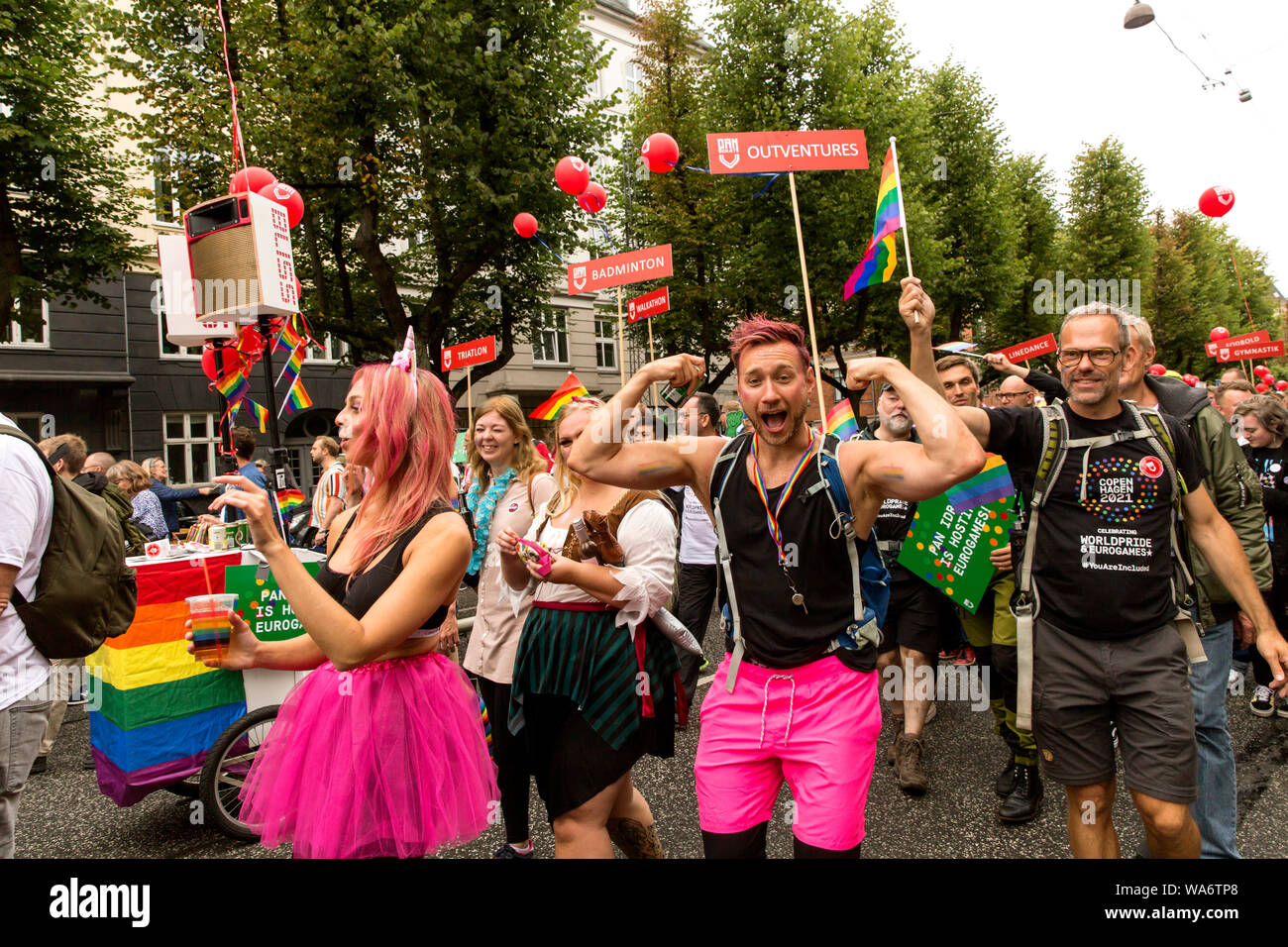 Participants from LGBT sporting clubs seen at the Copenhagen Pride Parade 2019 on August 17, 2019 in Copenhagen, Denmark. The Danish Parade keep on growing: This year the Parade consisted of some 160 groups, counting 35 - 40.000 participants and along the 3.3 Km long route from the Frederiksberg City Hall to Copenhagen City Hall  some 250.000 – 300.000 spectators were lined up. The Parade together with the Pride Week has taken place since 1996. Coca Cola is the main Sponsor of this year Pride Week, which the organizer name “A Festival for Diversity”. (Byline: Photo by OJPHOTOS/Alamy) Stock Photo