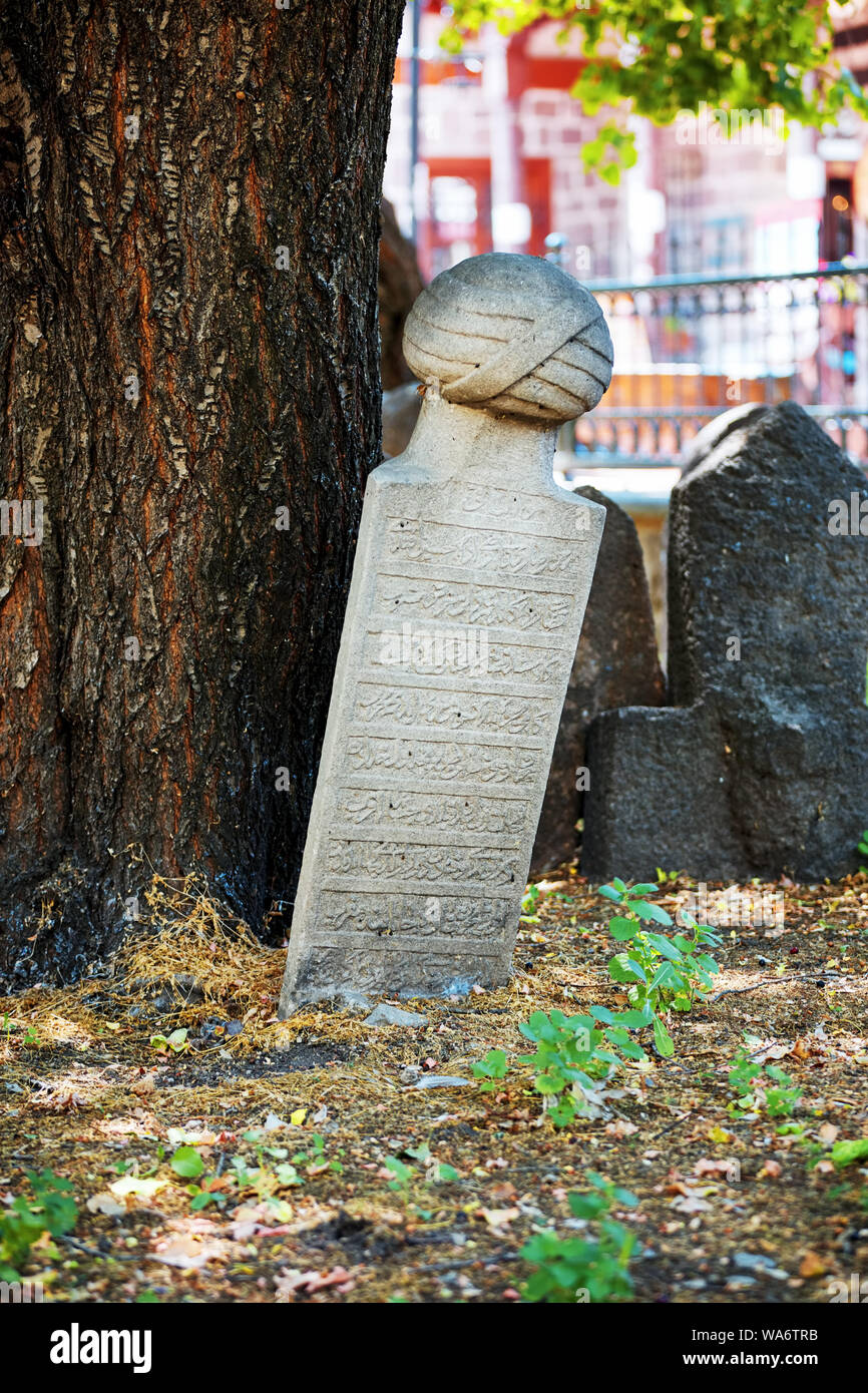Historical Ottoman tombstones in a graveyard at Hamamonu, Ankara, Turkey. Stock Photo