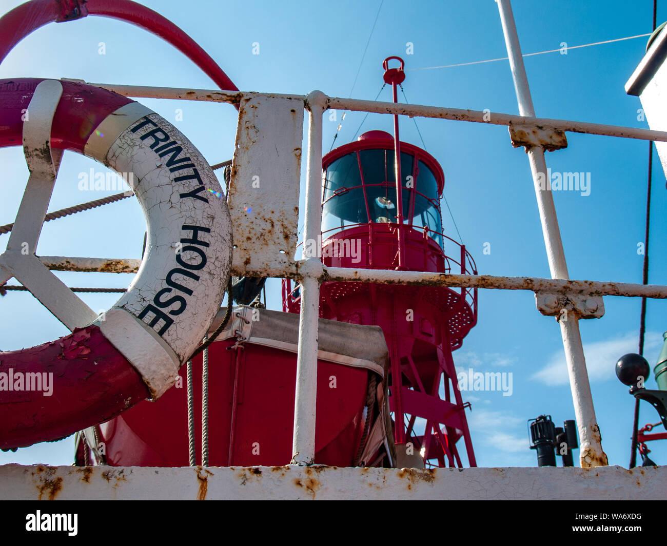 The Helwick Light Vessel at dock in Swansea Marina. Outside The National Waterfront Museum in Swansea, Wales, UK. Stock Photo
