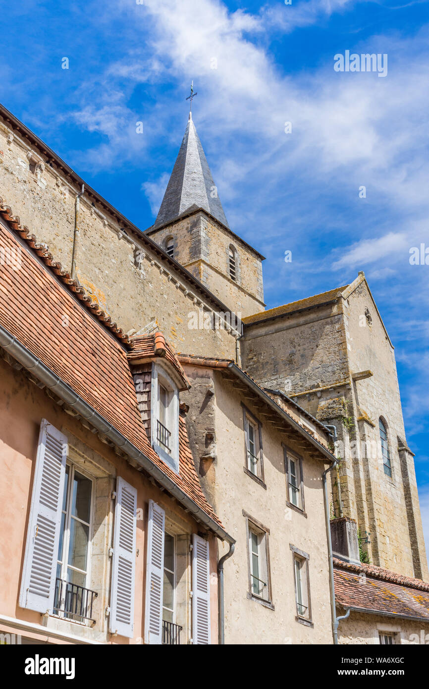 View of church and houses on Rue Montebello, Montmorillon, Vienne, France. Stock Photo