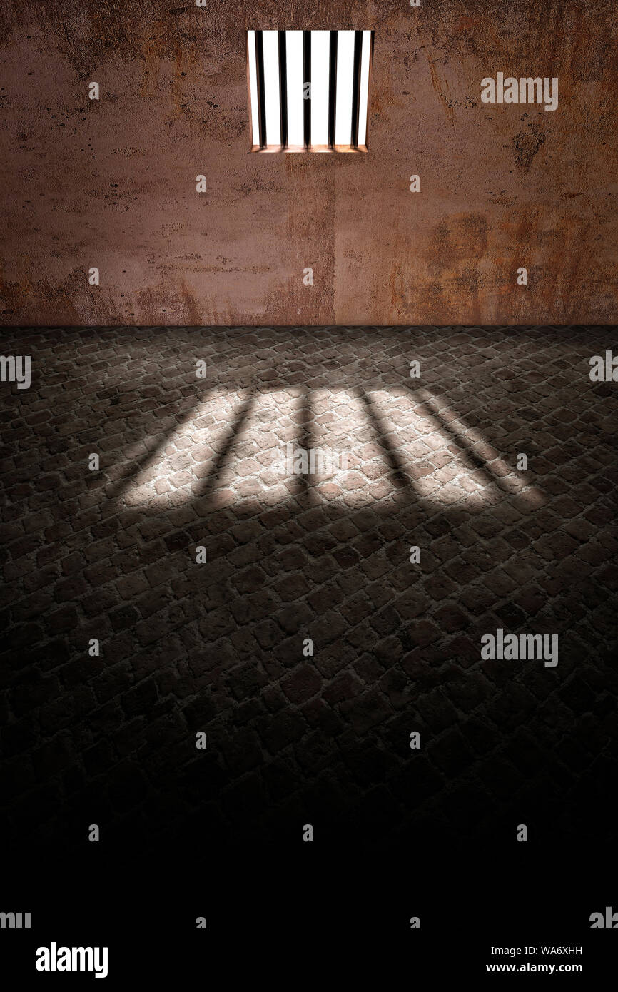 Prison cell, inside a prison cell. Window of a penitentiary. Shadows projected on the ground. Prison sentence, window bars. Detainees and surveillance Stock Photo