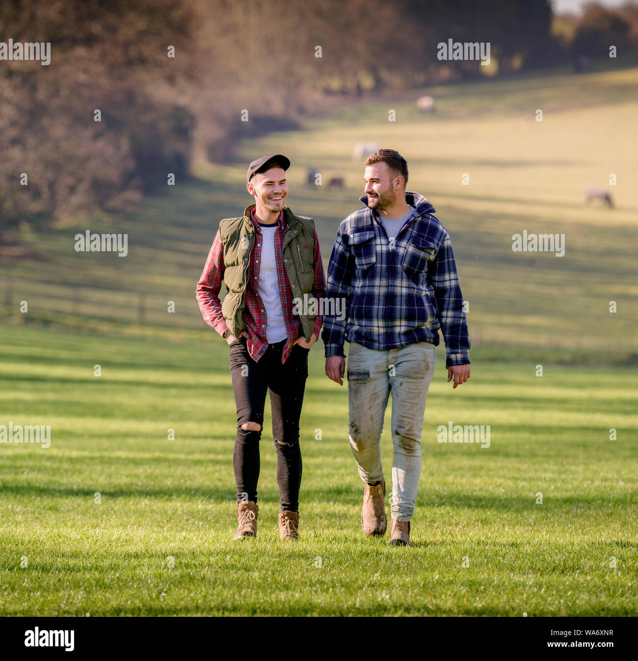 Frank and Harry Savage (green jacket) back home after  appearing in the Channel 4 programme Hunted, Picture taken on their Alfriston farm, East Sussex UK 2019. Stock Photo