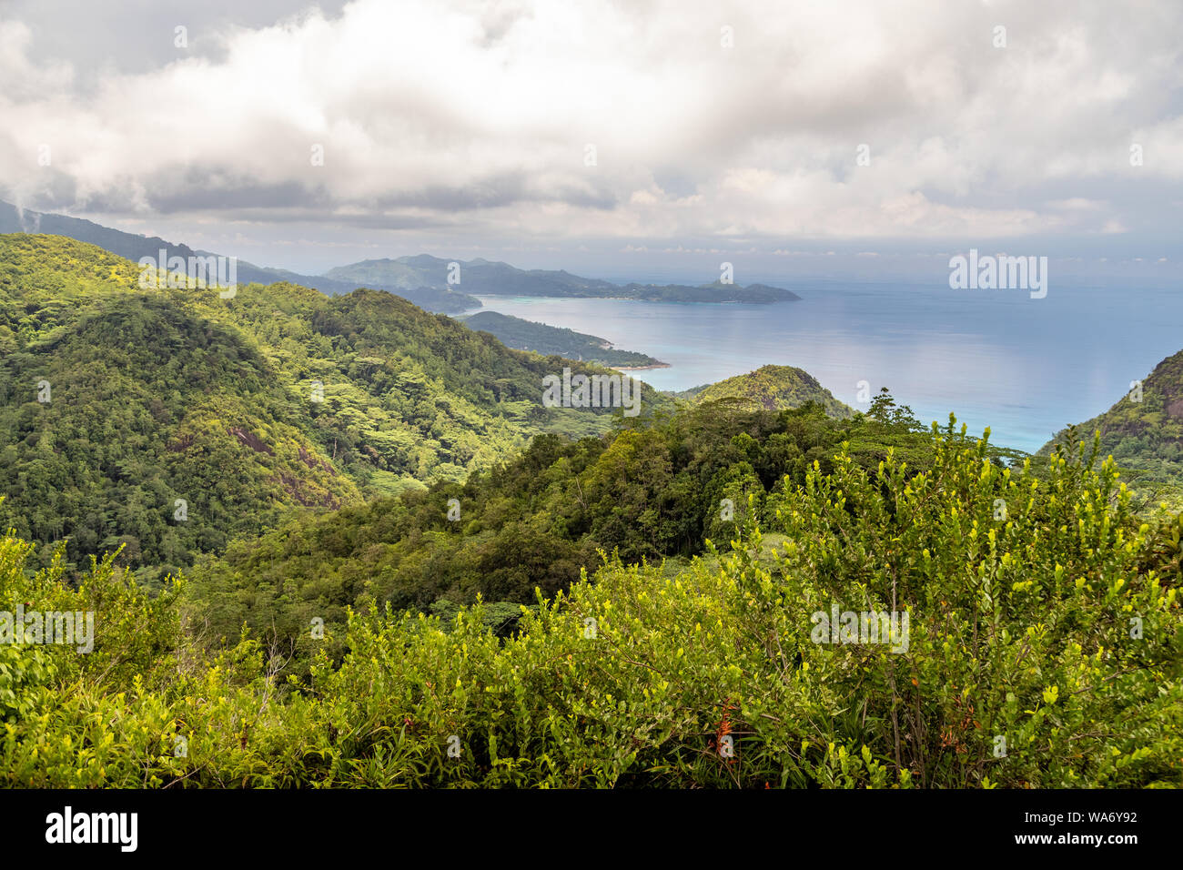 Panoramic view at the landscape on Seychelles island Mahé with clear ...