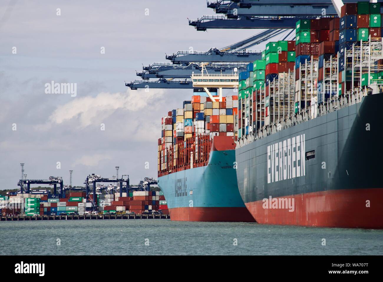 Felixstowe, Suffolk, UK - 18 August 2019: The Evergreen Ever Govern and Maersk Madison container ships at the Port of Felixstowe. Stock Photo