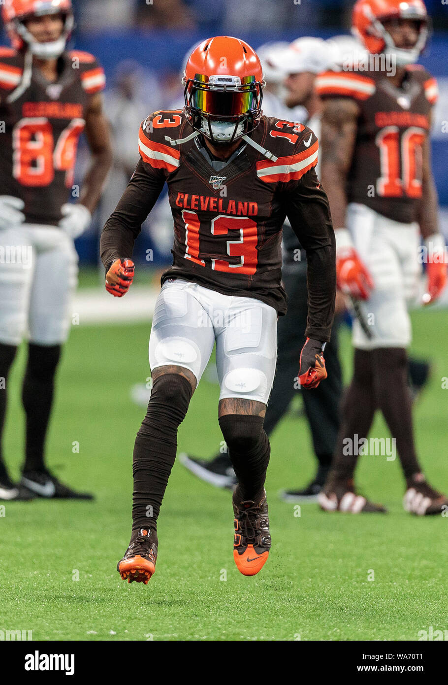 Indianapolis, USA. 17 August 2019. Cleveland Browns wide receiver Odell  Beckham (13) during pregame of NFL football preseason game action between  the Cleveland Browns and the Indianapolis Colts at Lucas Oil Stadium